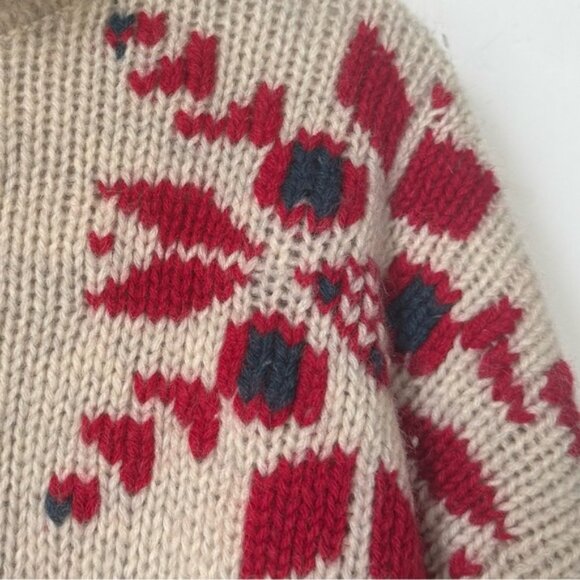 Eddie Bauer Vintage 90s Nordic Wool Heavy Knit Sweater Red Tan Hi Funnel Neck L - Picture 13 of 16